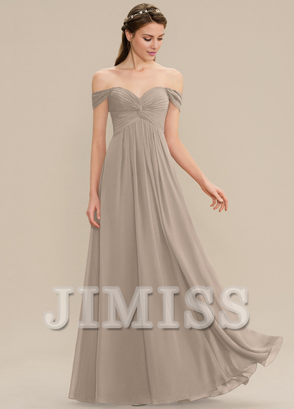 Ruffled A-line Off-the-shoulder Floor-length Chiffon Bridesmaids Dress