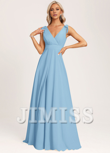 A-line V-neck floor-length chiffon bow bridesmaid dress