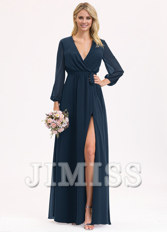 A-Line V-Neck Floor Length Chiffon Bow Pleated Bridesmaids Dress