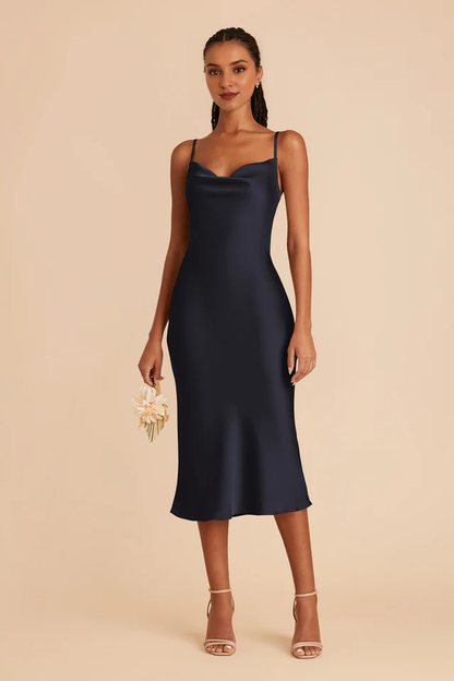 Fully lined pleated neckline mid length side zipper bridesmaid dress