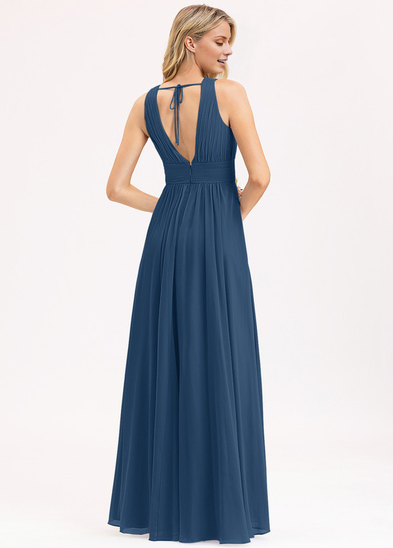 Bow Ruffle A-Line V-Neck Floor Length Chiffon Bridesmaids Dress