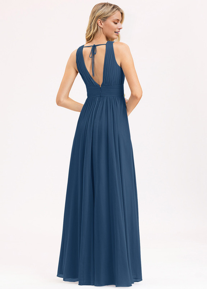 Bow Ruffle A-Line V-Neck Floor Length Chiffon Bridesmaids Dress