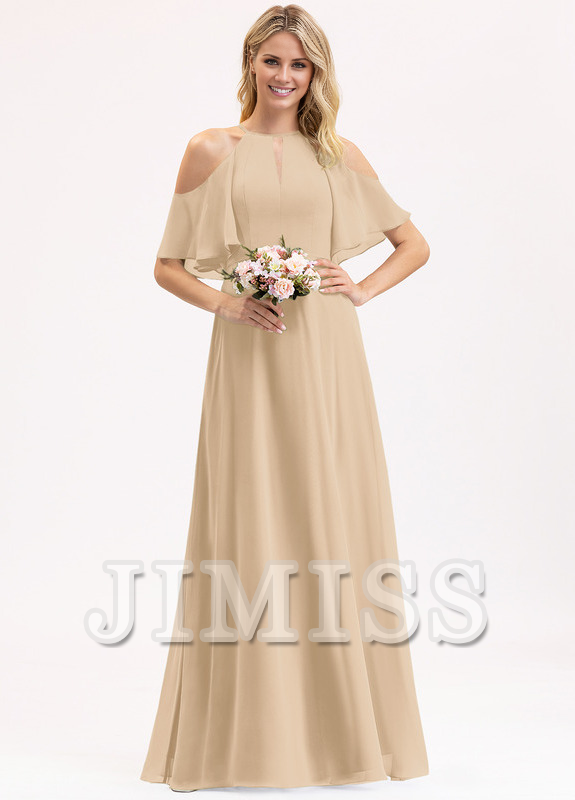 A-line off-the-shoulder scoop neck floor-length chiffon bridesmaid dress
