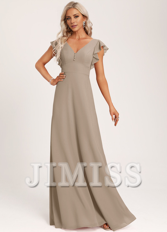 Ruffled A-line V-neck Floor-length Chiffon Bridesmaids Dress