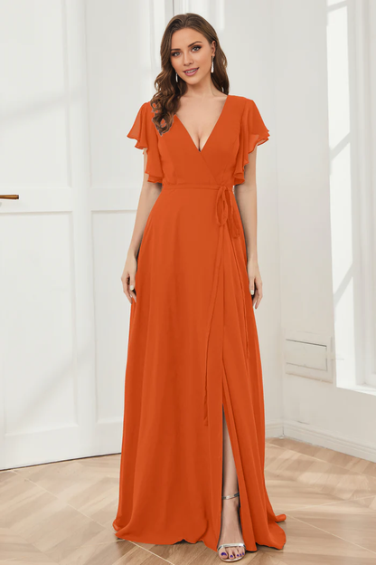 V-neck ruffled sleeve chiffon slit and floor length bridesmaid dress
