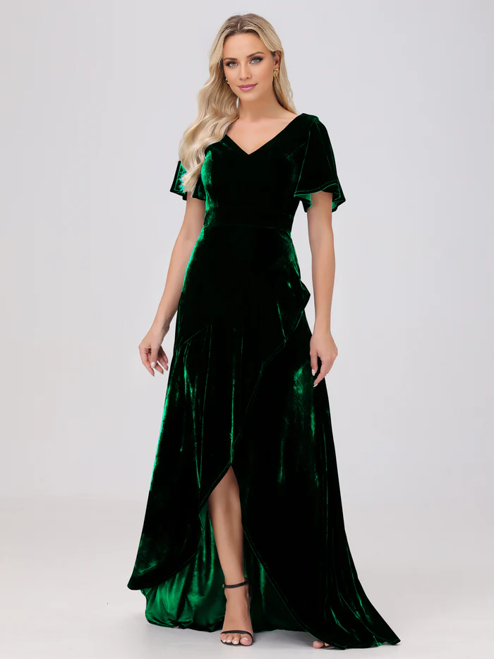 V-neck short sleeved ruffled velvet and floor length bridesmaid dress