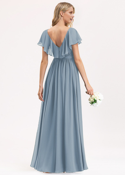 A-line V-neck floor-length chiffon bow tiered ruffle bridesmaid dress