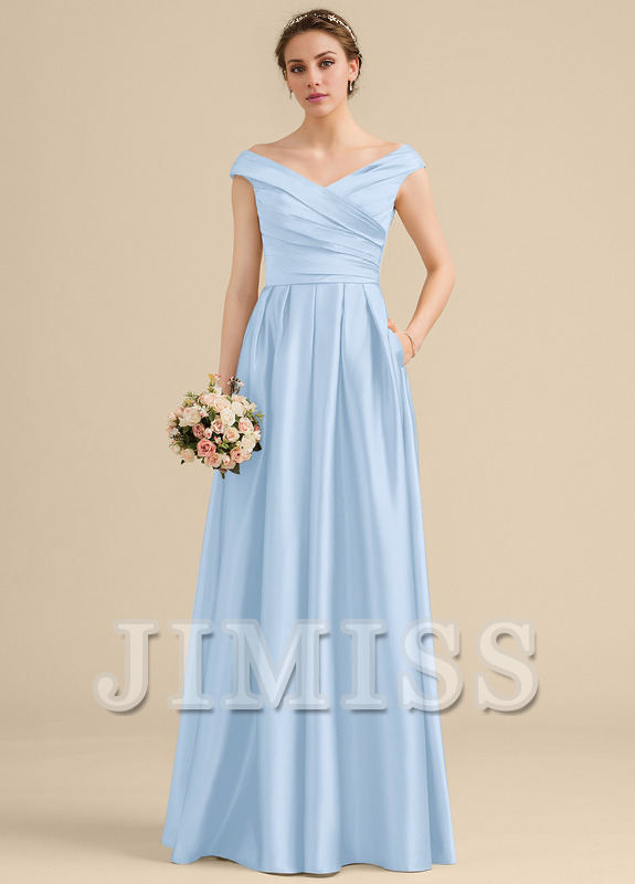 Ruffled A-Line Off-The-Shoulder Floor-Length Satin Bridesmaids Dress