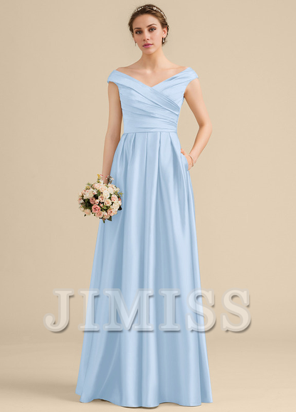 Ruffled A-Line Off-The-Shoulder Floor-Length Satin Bridesmaids Dress