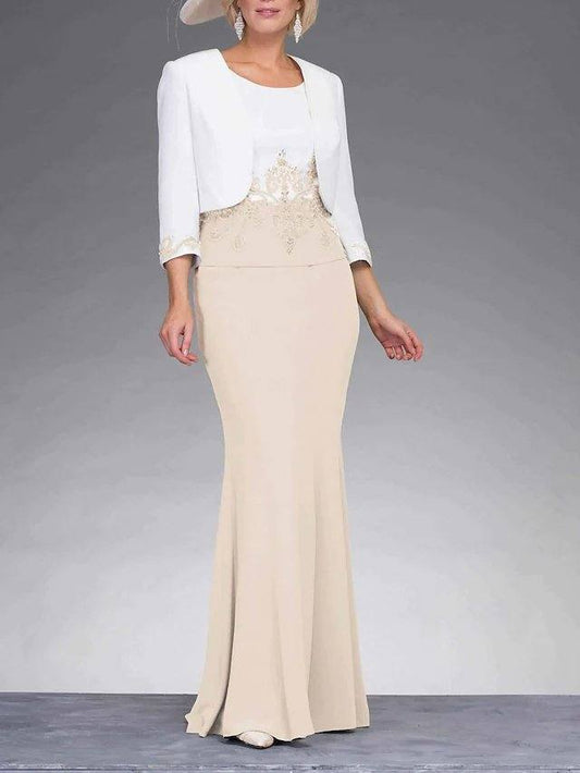 Two Piece Sheath / Column Mother of the Bride Dress Elegant Jewel Neck Floor Length Stretch Fabric Sleeveless with Appliques - RongMoon