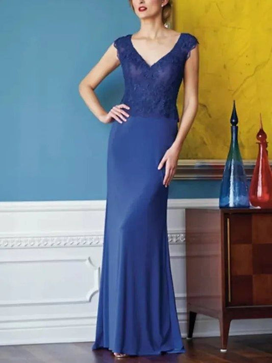 Sheath / Column Mother of the Bride Dress Elegant Plunging Neck Floor Length Lace Satin Sleeveless with Lace - RongMoon