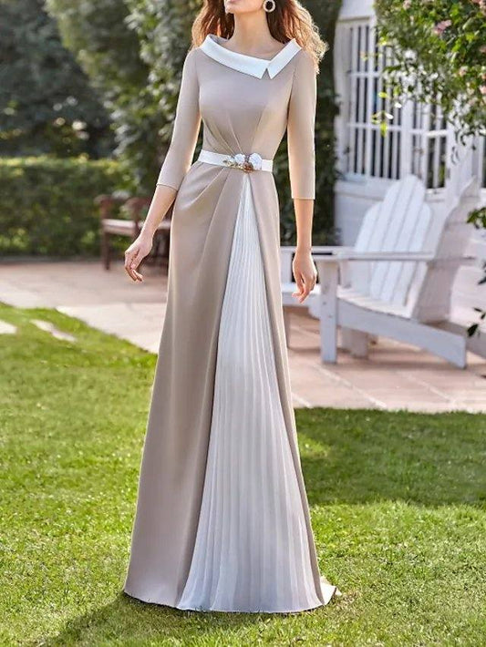 Sheath / Column Mother of the Bride Dress Elegant Jewel Neck Floor Length Chiffon Charmeuse 3/4 Length Sleeve with Sash / Ribbon Pleats Color Block - RongMoon