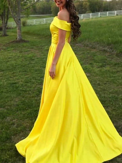 A-Line Minimalist Sexy Engagement Prom Dress Off Shoulder Sleeveless Floor Length Satin with Split - RongMoon
