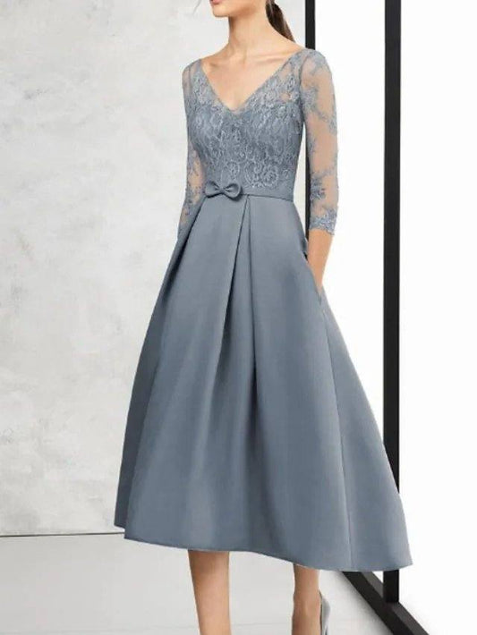 A-Line Mother of the Bride Dress Elegant V Neck Asymmetrical Lace Satin 3/4 Length Sleeve with Bow(s) - RongMoon