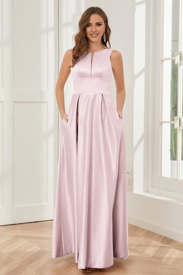 A-line sleeveless satin and floor length bridesmaid dress