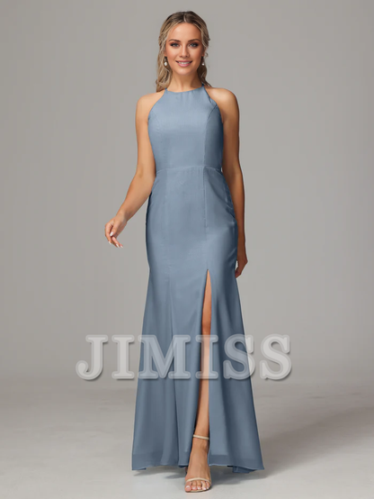 Hanging neck backless chiffon side slit bridesmaid dress