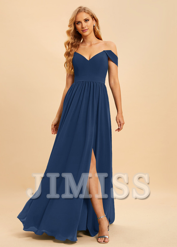 A-line off-the-shoulder floor-length chiffon bridesmaid dress