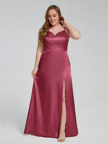 Split plus size soft satin and floor length bridesmaid dress