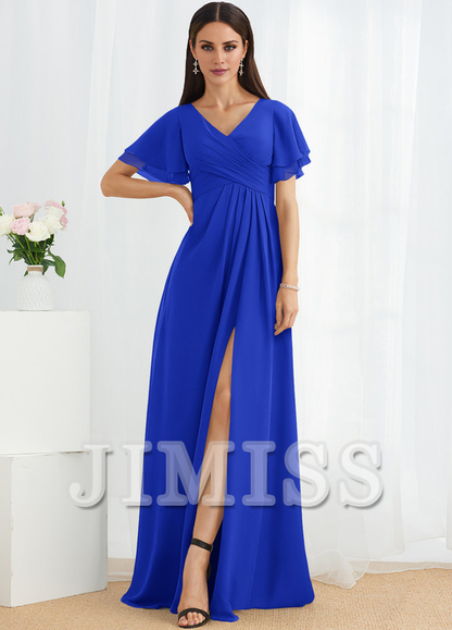 A-line V-neck floor-length chiffon bridesmaid dress