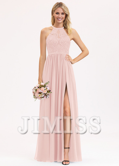 A-line Scoop Neck Floor Length Lace Chiffon Bridesmaids Dress