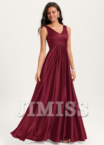 Ruffled A-line V-neck Floor-length Satin Bridesmaids Dress