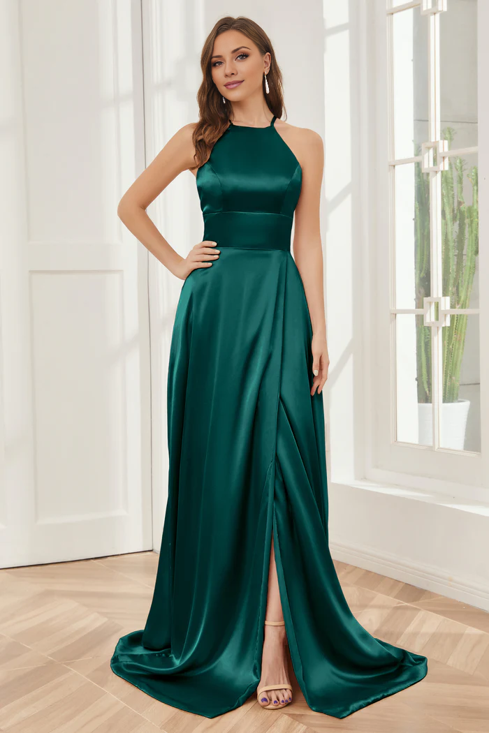 Column neck hanging soft satin and floor length bridesmaid dress