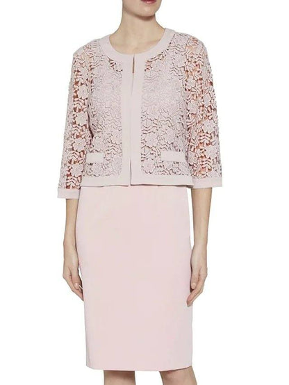 Two Piece Sheath / Column Mother of the Bride Dress Elegant Scoop Neck Knee Length Lace Satin 3/4 Length Sleeve with Appliques - RongMoon