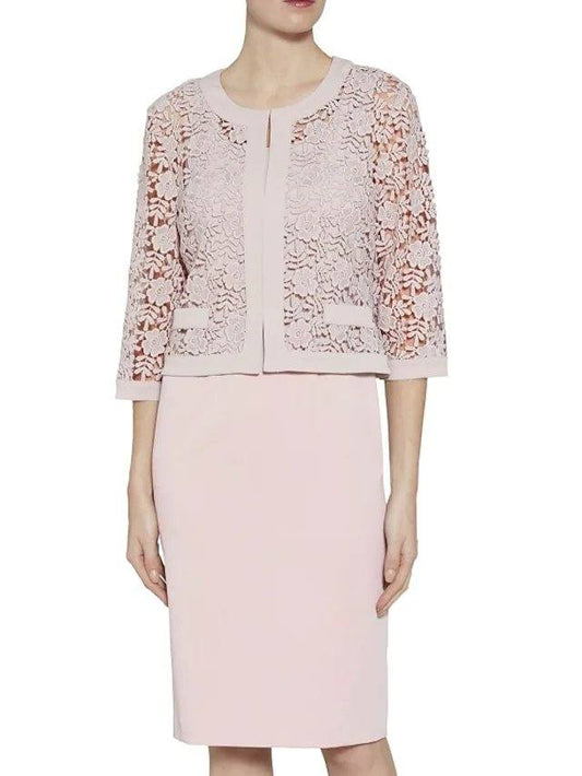 Two Piece Sheath / Column Mother of the Bride Dress Elegant Scoop Neck Knee Length Lace Satin 3/4 Length Sleeve with Appliques - RongMoon