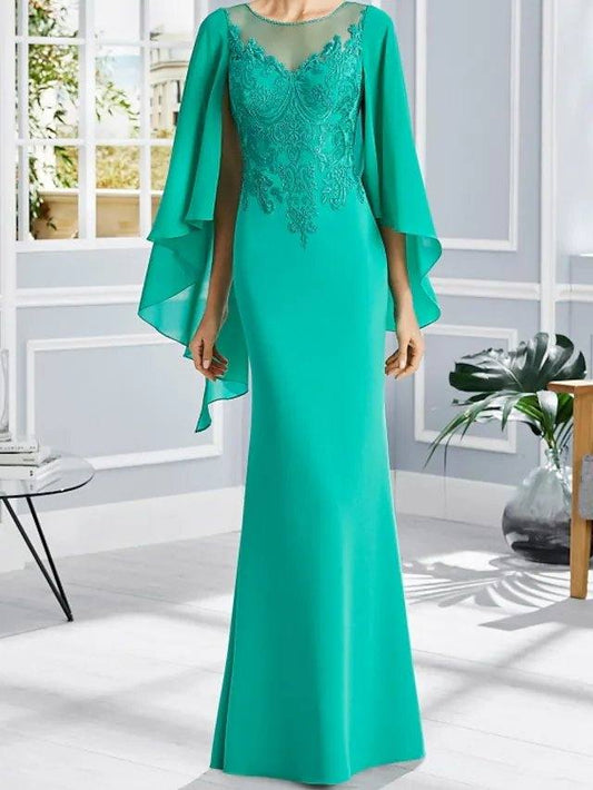 Sheath / Column Mother of the Bride Dress Elegant Jewel Neck Floor Length Chiffon Lace Short Sleeve with Appliques - RongMoon