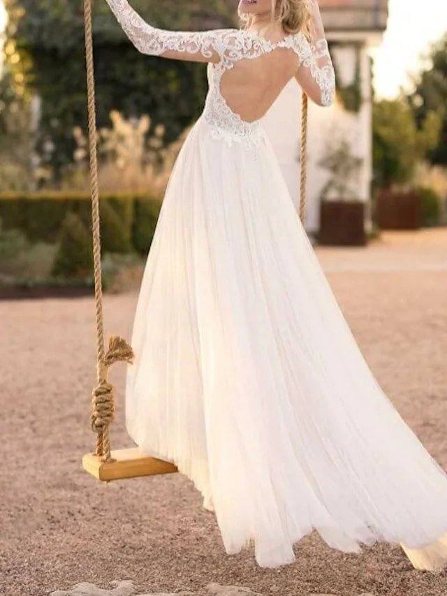 A-Line Wedding Dresses V Neck Floor Length Lace Tulle Long Sleeve Beach Boho See-Through Backless Illusion Sleeve with Lace - RongMoon