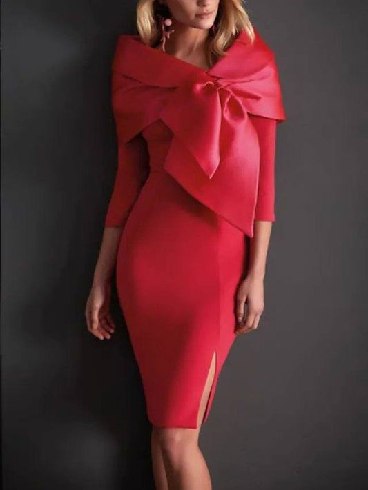 Sheath / Column Mother of the Bride Dress Elegant Bateau Neck Knee Length Satin 3/4 Length Sleeve with Split Front Flower - RongMoon