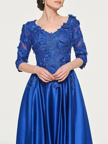 A-Line Mother of the Bride Dress Elegant V Neck Floor Length Lace Satin 3/4 Length Sleeve with Pleats Appliques - RongMoon