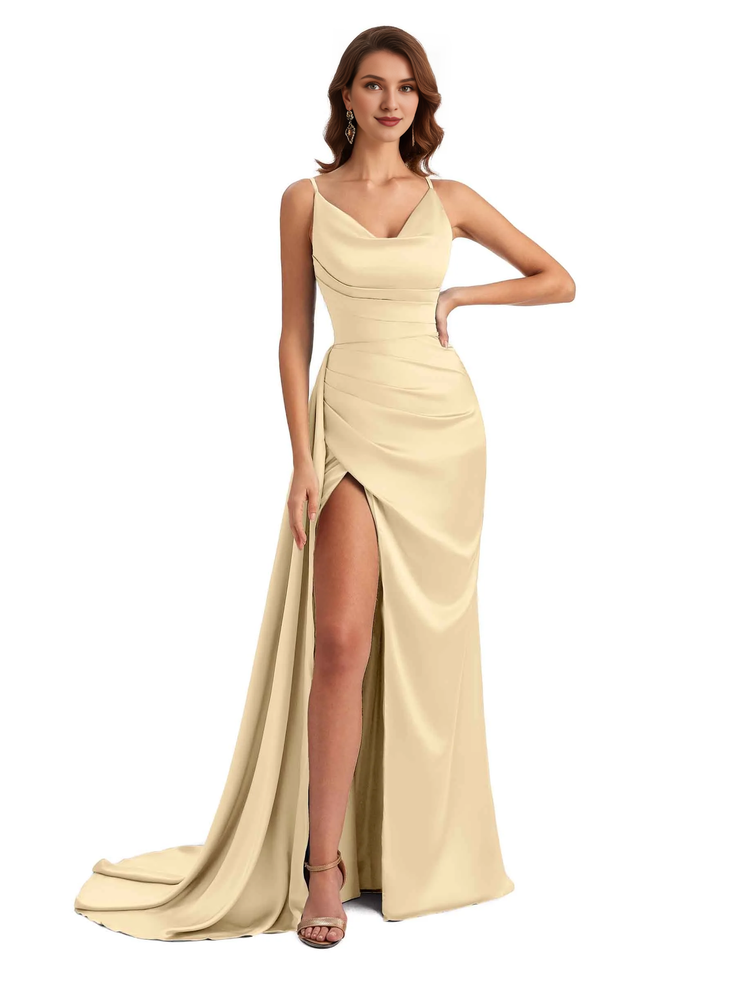 Sexy fishtail side slit hanging neck V-neck soft satin ultra long bridesmaid dress