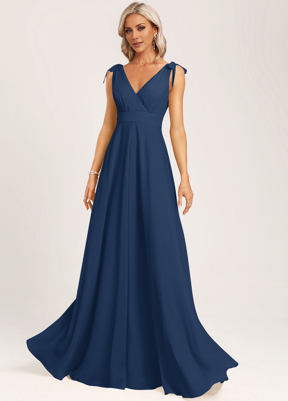 A-line V-neck floor-length chiffon bow bridesmaid dress