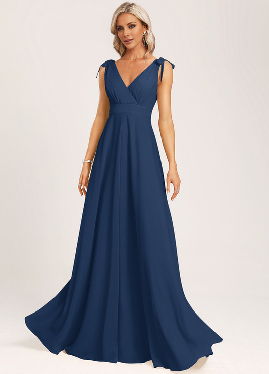 A-line V-neck floor-length chiffon bow bridesmaid dress
