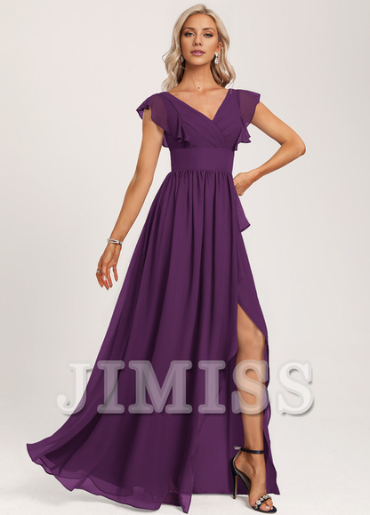 Ruffled A-line V-neck Floor-length Chiffon Bridesmaids Dress