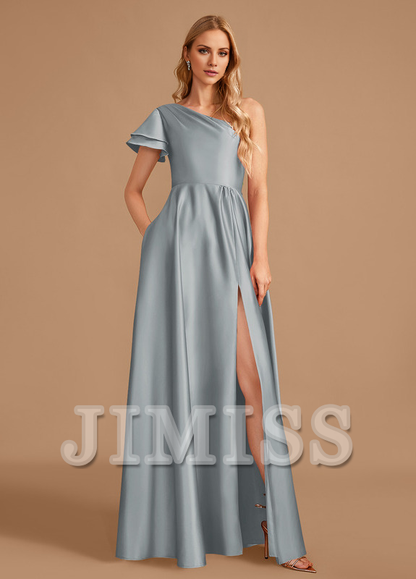 A-line one-shoulder floor-length satin bridesmaid dress