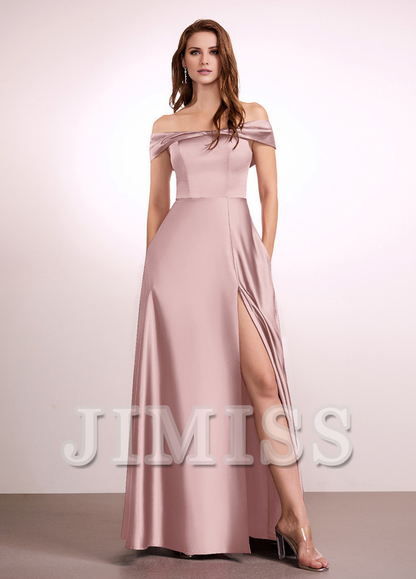 A-Line Off-The-Shoulder Floor-Length Satin Bridesmaids Dress