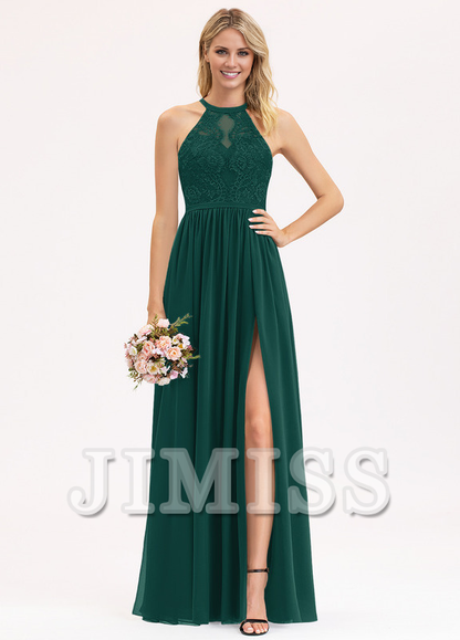 A-line Scoop Neck Floor Length Lace Chiffon Bridesmaids Dress