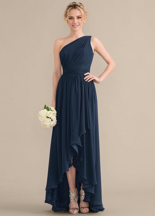 Tiered Ruffle A-Line One Shoulder Asymmetric Chiffon Bridesmaids Gown