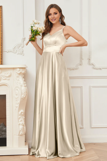 Thin shoulder strap V-neck soft satin and floor length bridesmaid dress