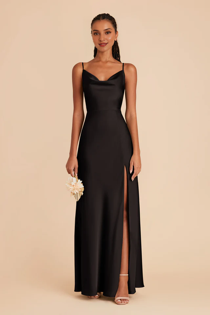 Fully lined pleated neckline with slit and floor length bridesmaid dress
