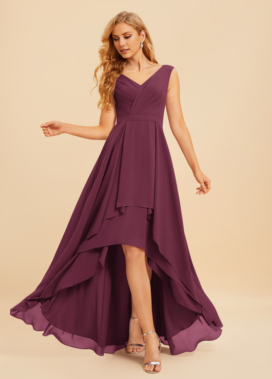 A-Line V-Neck Asymmetric Ruffle Chiffon Bridesmaids Dress