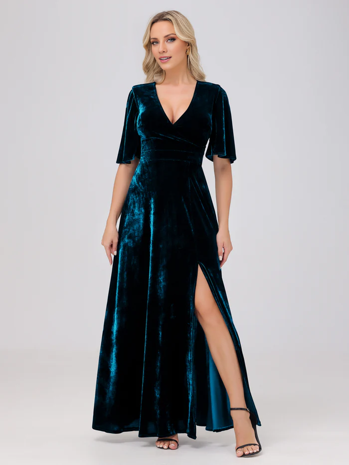 A-line V-neck short sleeved slit velvet and floor length bridesmaid dress