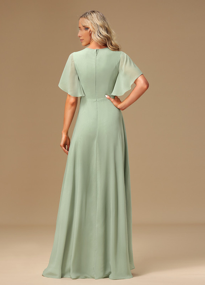 Ruffled A-line Boat Neck Asymmetric Chiffon Bridesmaids Dress
