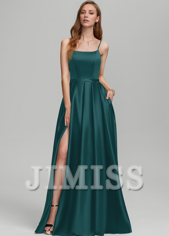 A-Line Square Floor Length Satin Bridesmaids Dress