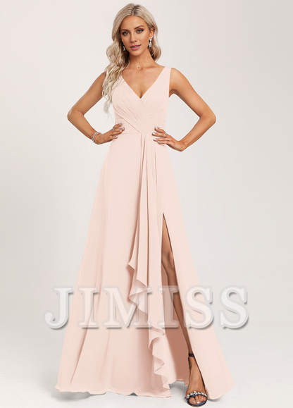 Ruffled A-line V-neck Floor-length Chiffon Bridesmaids Dress