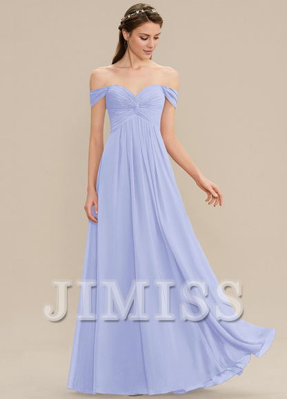 Ruffled A-line Off-the-shoulder Floor-length Chiffon Bridesmaids Dress