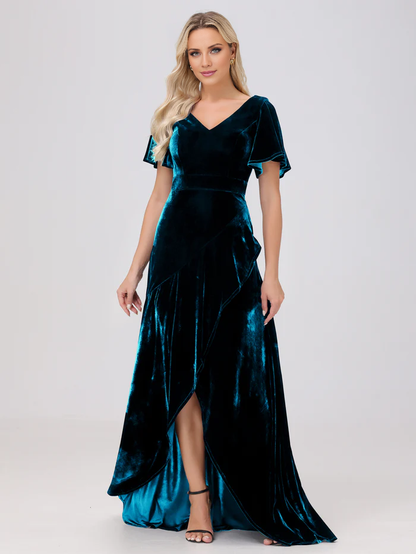 V-neck short sleeved ruffled velvet and floor length bridesmaid dress