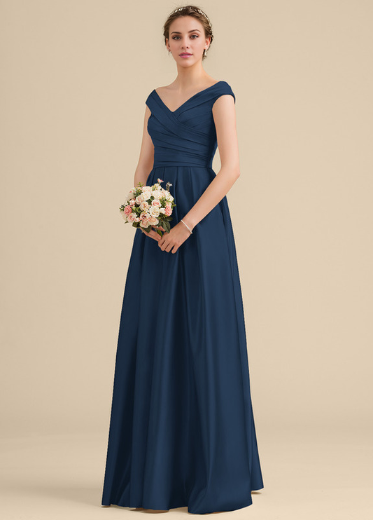 Ruffled A-Line Off-The-Shoulder Floor-Length Satin Bridesmaids Dress